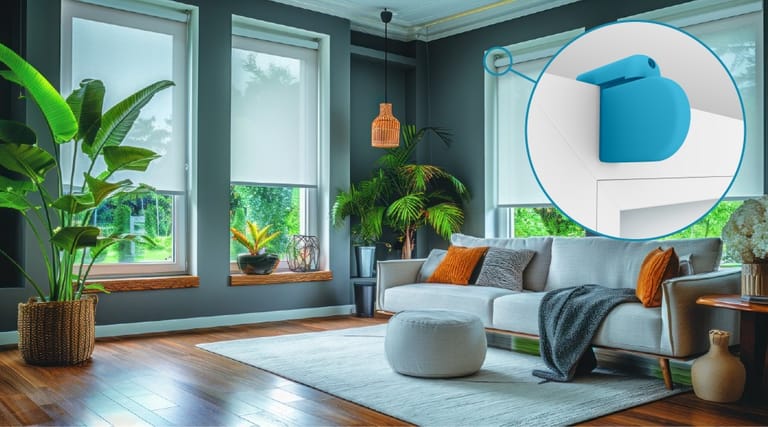 Modernes Wohnzimmer mit grauen Wänden, großen Fenstern mit Rollos, grünen Pflanzen, einem grauen Sofa, orangefarbenen Kissen und einer runden Ottomane.